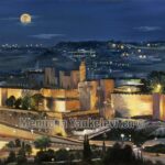 ציור שמן אמנותי, בית המקדש, ירושלים, בתי ירושלים, יודאיקה, ציורי אווירה, פנורמה של ירושלים, ירושלים העתיקה, חומות ירושלים, אמנות יהודית, ציורים לסלון, Jerusalem Walls' Artistic oil painting, Temple Mount, Jerusalem, Jerusalem houses, Judaica, atmospheric paintings, panorama of Jerusalem, ancient Jerusalem, Jewish art, paintings for the living room, beith Hamikdash, Spiritual Jewish art with soul