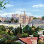 ציור שמן אמנותי, בית המקדש, ירושלים, בתי ירושלים, יודאיקה, ציורי אווירה, פנורמה של ירושלים, ירושלים העתיקה, חומות ירושלים, אמנות יהודית, ציורים לסלון, Jerusalem Walls' Artistic oil painting, Temple Mount, Jerusalem, Jerusalem houses, Judaica, atmospheric paintings, panorama of Jerusalem, ancient Jerusalem, Jewish art, paintings for the living room, beith Hamikdash, Spiritual Jewish art with soul