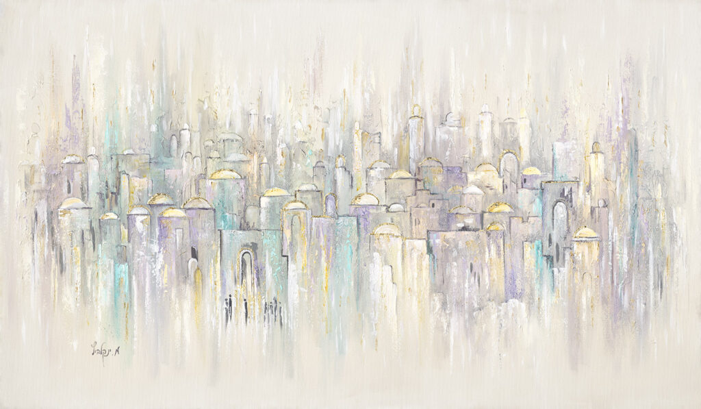 ציור שמן אמנותי, בית המקדש, ירושלים, בתי ירושלים, יודאיקה, ציורי אווירה, פנורמה של ירושלים, ירושלים העתיקה, חומות ירושלים, אמנות יהודית, ציורים לסלון, Jerusalem Walls' Artistic oil painting, Temple Mount, Jerusalem, Jerusalem houses, Judaica, atmospheric paintings, panorama of Jerusalem, ancient Jerusalem, Jewish art, paintings for the living room, beith Hamikdash, Spiritual Jewish art with soul