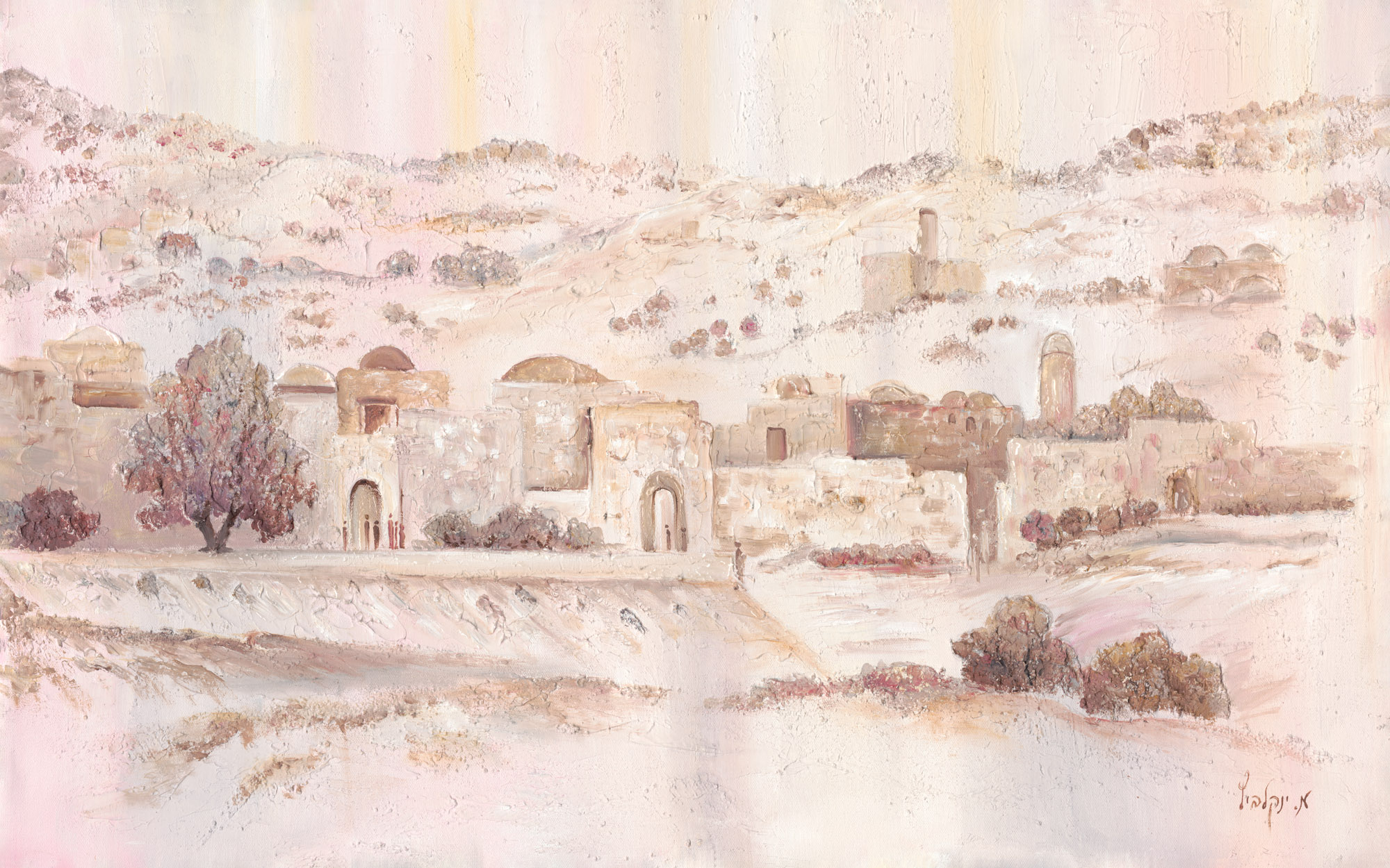 ציור שמן אמנותי, בית המקדש, ירושלים, בתי ירושלים, יודאיקה, ציורי אווירה, פנורמה של ירושלים, ירושלים העתיקה, אמנות יהודית, ציורים לסלון, Artistic oil painting, Temple Mount, Jerusalem, Jerusalem houses, Judaica, atmospheric paintings, panorama of Jerusalem, ancient Jerusalem, Jewish art, paintings for the living room, beith Hamikdash