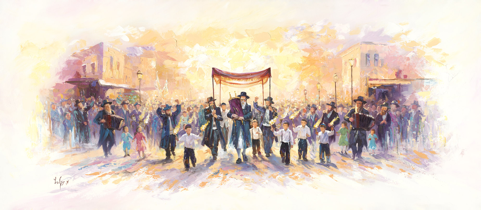 Bringing a New Torah Through the City Streets - A one-of-a-kind painting