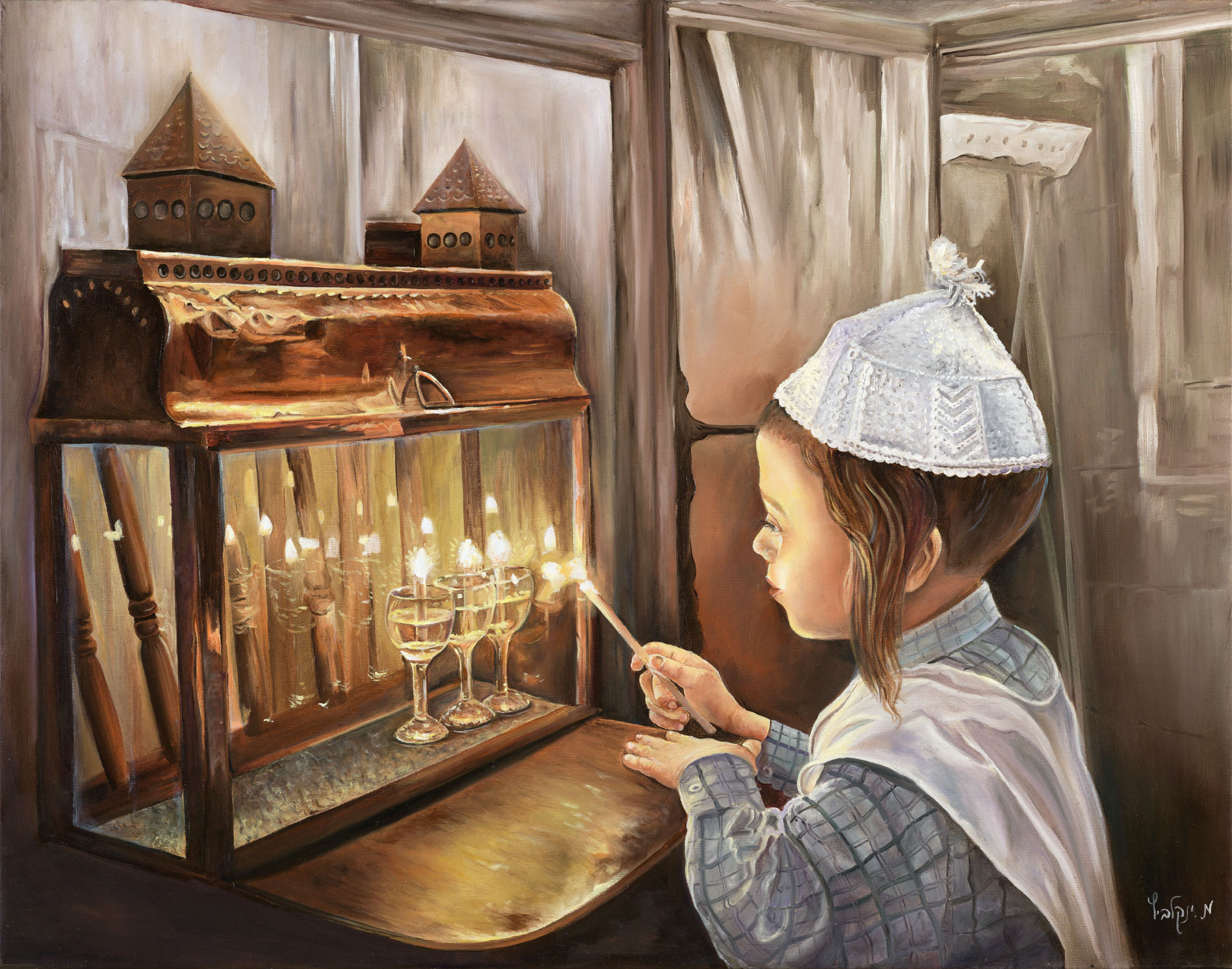 Boy Lighting the Hanukkah Menorah